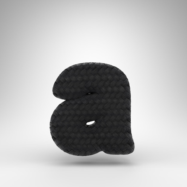 Letra A minúscula em fundo branco. Fonte renderizada 3D de fibra de carbono preta com textura de fio de carbono.