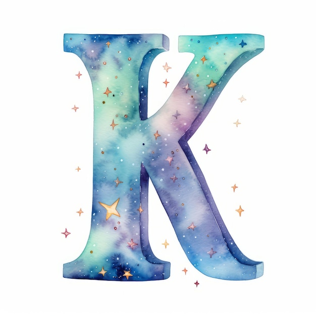 Letra de acuarela K Alfabeto de acuarela dibujado a mano con estrellas y puntos