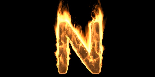 Letra del alfabeto de fuego n llama ardiente Fuente de fuego caliente brillante fondo negro ilustración 3d