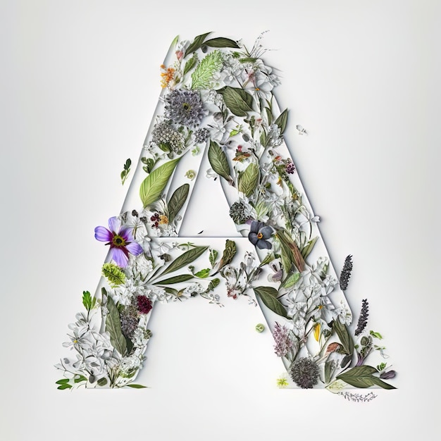 Letra del alfabeto de fuente de flor A hecha de flores y hojas vivas reales