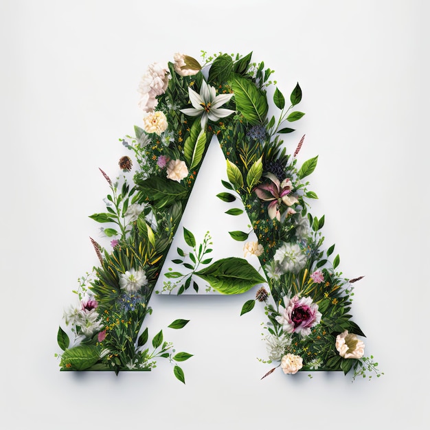Letra del alfabeto de fuente de flor A hecha de flores y hojas vivas reales