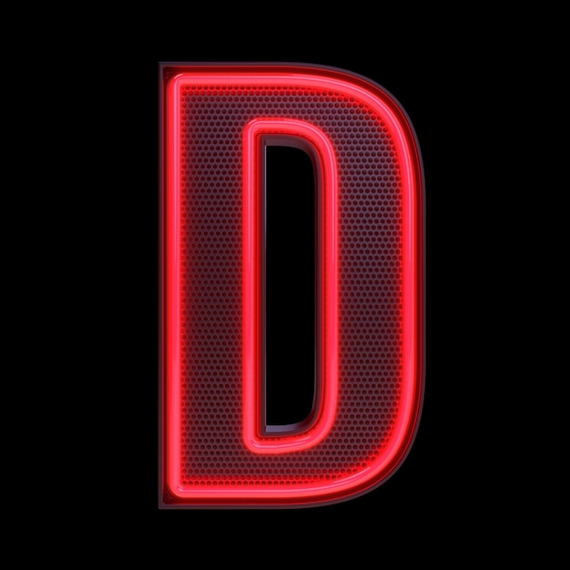 Letra del alfabeto de luz retro neón D aislada en un fondo negro con ilustración 3d de trazado de recorte