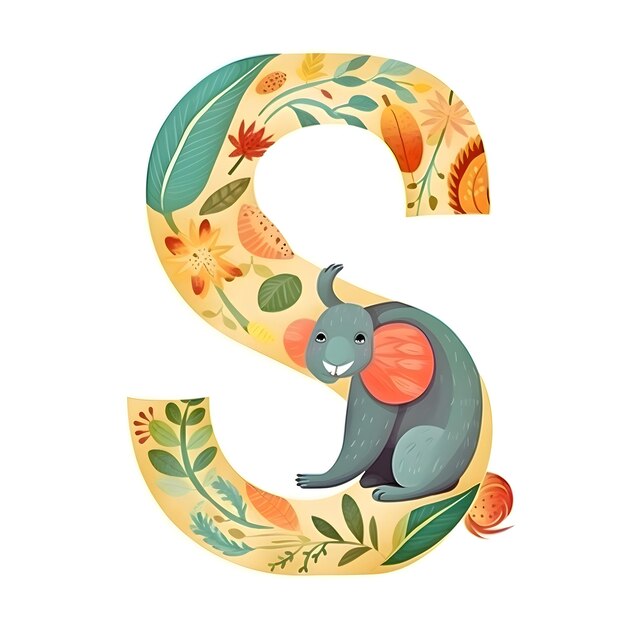 Foto letra del alfabeto s con elefante de dibujos animados lindo y flores ilustración vectorial