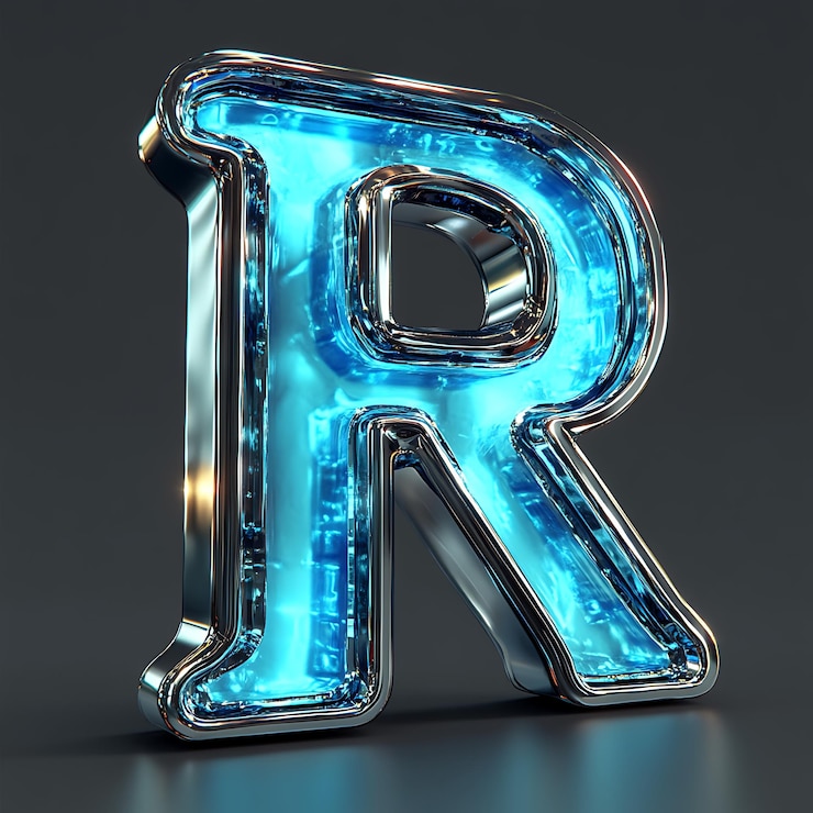 Foto una letra azul r que está iluminada con un fondo azul