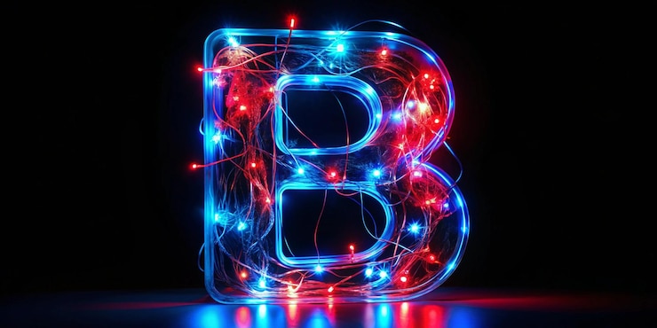 Foto la letra b del alfabeto hecha de un letrero de neón la imagen de luz azul-roja de larga exposición con luces de hadas de colores contra un fondo negro concepto de diseño