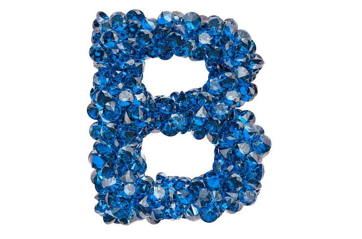 Foto letra b de diamantes azuis ou safiras com renderização 3d de corte brilhante