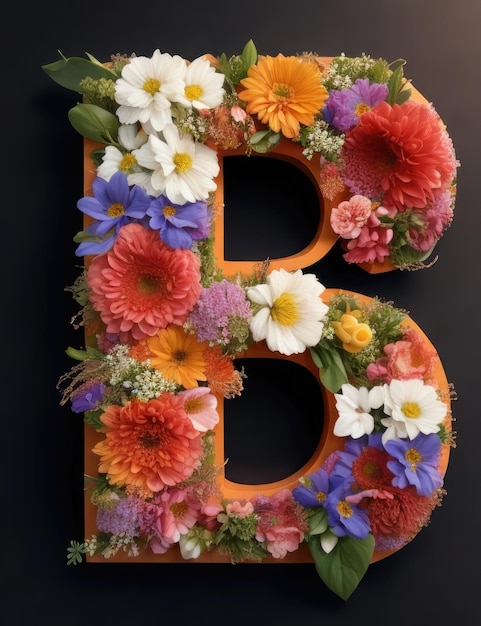 Letra B do alfabeto feita de flores coloridas em fundo preto