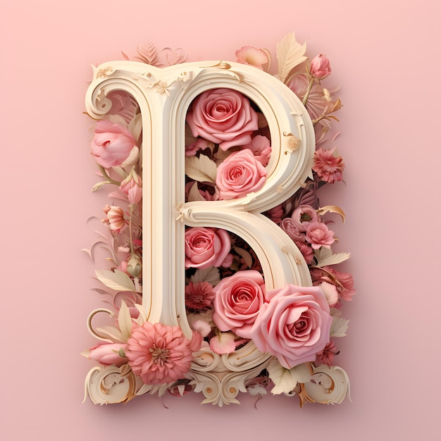 La letra B mayúscula en fuente serif hecha por el estilo art nouveau en fondo de flores rosadas