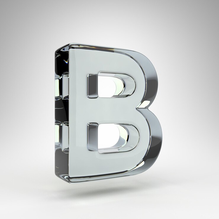 Foto letra b mayúscula sobre fondo blanco. lente de la cámara de cristal transparente fuente renderizada en 3d con dispersión.