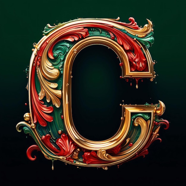 Foto letra c com ornamento vermelho e verde dourado renderização 3d