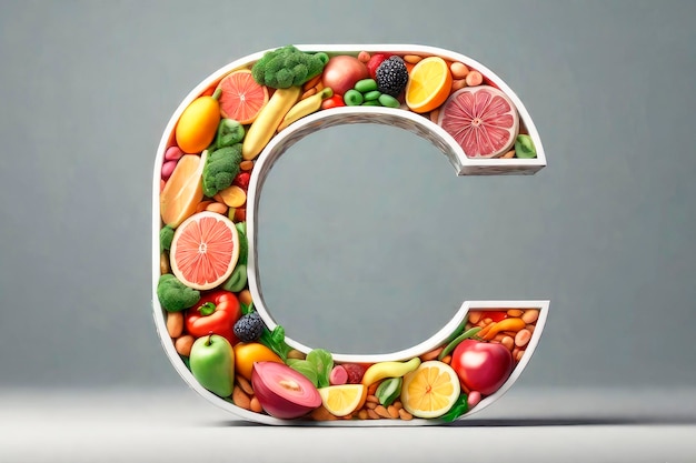 Foto letra c feita de frutas e legumes alimentos dietéticos composição de alimentos orgânicos