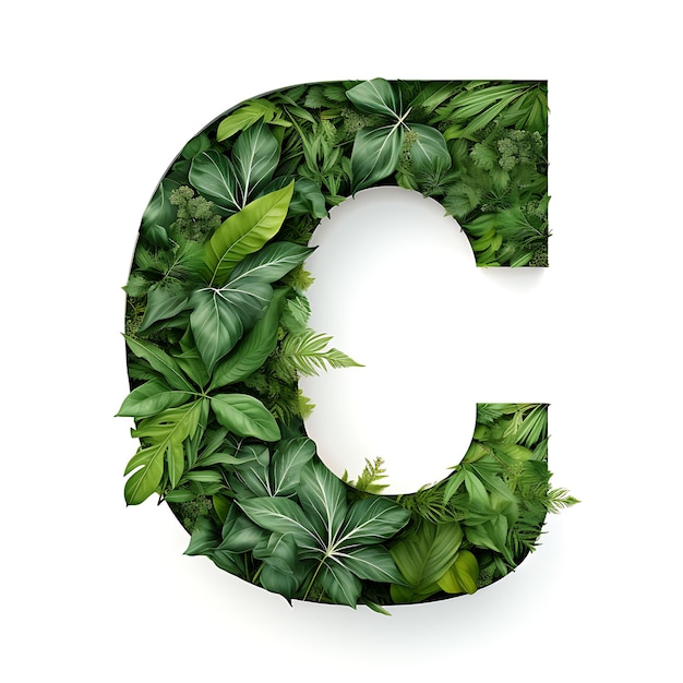 Letra C por folhas verdes isoladas em fundo branco