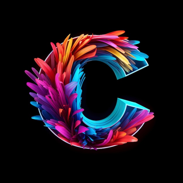 una letra colorida c está iluminada en un círculo de plumas