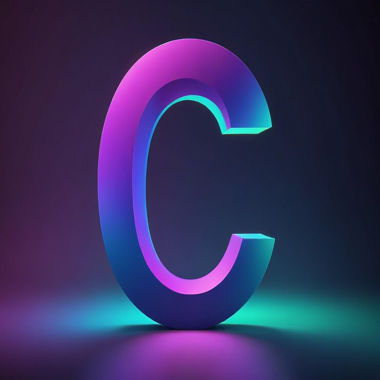Foto una letra colorida c está iluminada en púrpura y azul