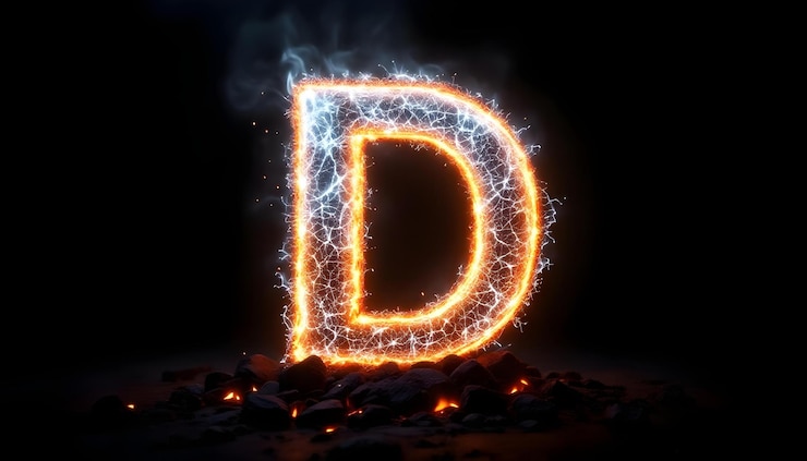 Foto la letra d ardiente que brilla con energía eléctrica en las brasas