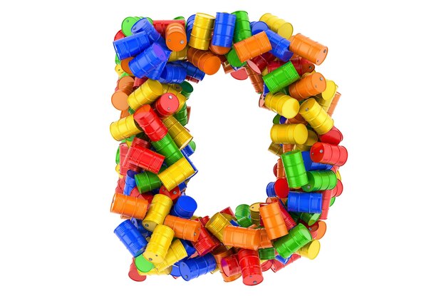 Letra D de barriles de acero de colores renderización 3D aislada en fondo blanco