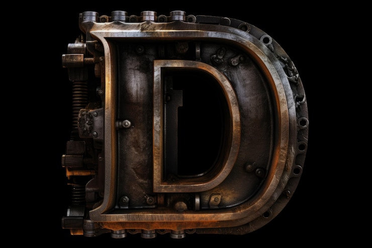 Foto letra d de estilo industrial sobre un fondo negro