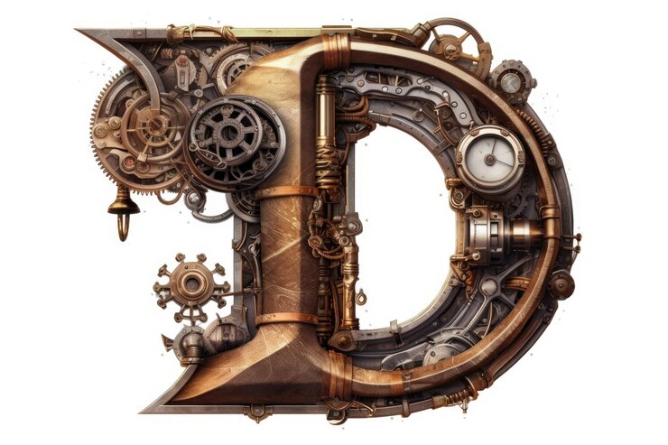 Foto letra d estilo steampunk en fondo blanco