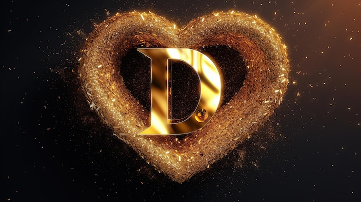 Foto letra d fondo elegante con elementos de marco de corazón dorado y decoración de efecto de luz brillante creada por ia generativa