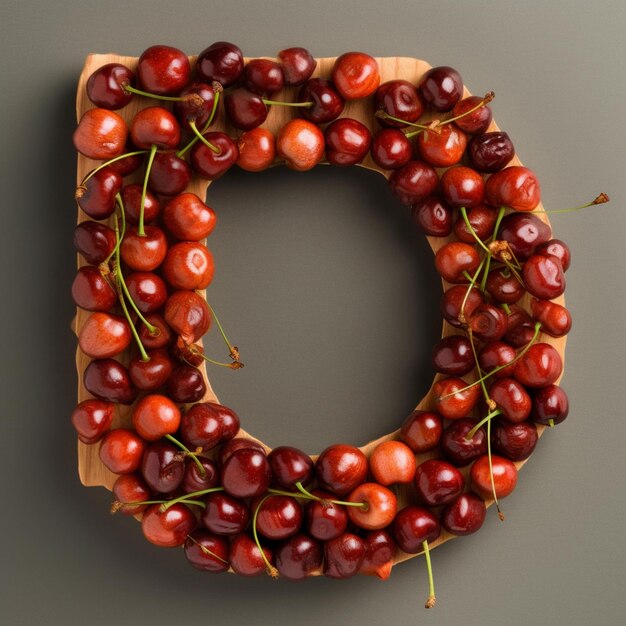 Una letra d de madera está hecha con cerezas y cerezas.