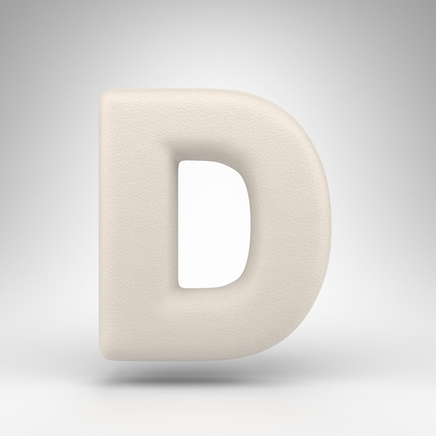 Letra D maiúscula em fundo branco. Couro branco 3D fonte rendeWhite com textura de pele.