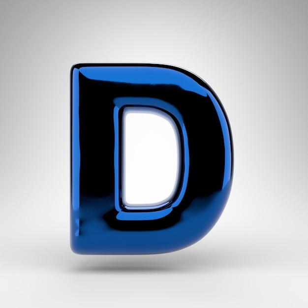 Letra D mayúscula sobre fondo blanco. Fuente renderizada 3D de cromo azul con superficie brillante.