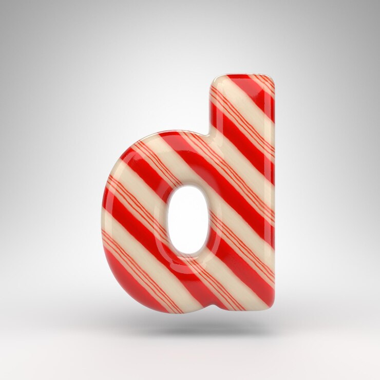Foto letra d minúscula sobre fondo blanco. candy cane 3d prestados fuente con líneas rojas y blancas.