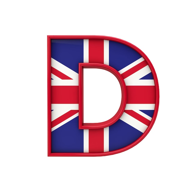 Letra D Union Jack fuente Gran Bretaña bandera letras 3D Rendering