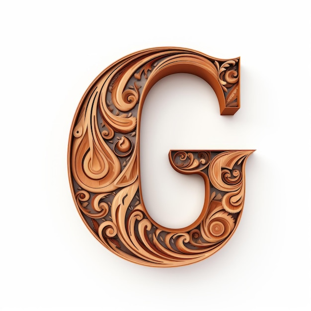 Letra de madeira ornamental G com escultura em rolo estilo Sketchfab