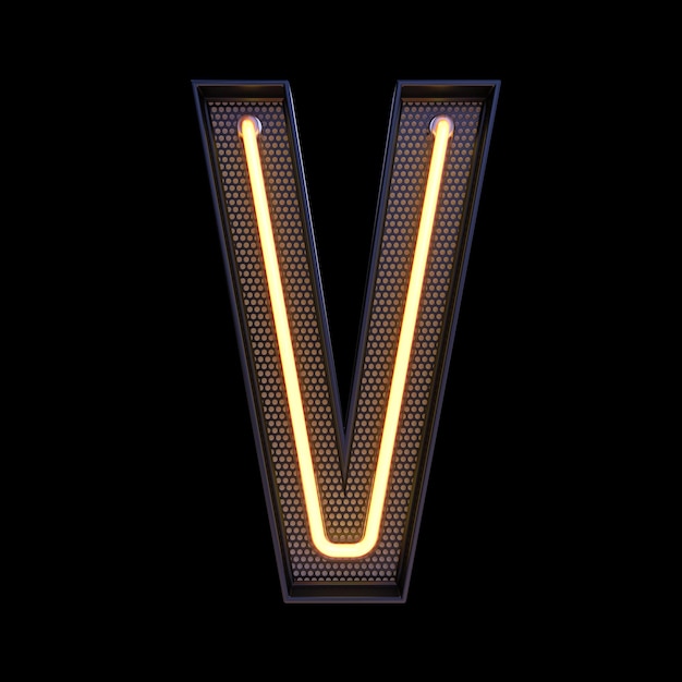 Letra de néon retrô Light alfabeto V isolada em um fundo preto com traçado de recorte. ilustração 3D.