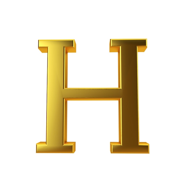 Foto letra de ouro brilhante h em uma renderização 3d de fundo branco liso