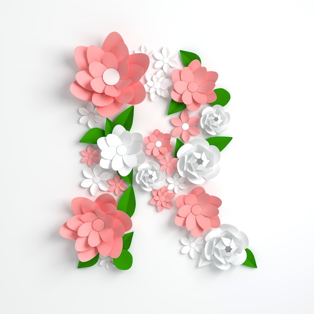 Letra do alfabeto de flor de papel R 3d render Flores de cor pastel no estilo de origami de arte de papel moderno