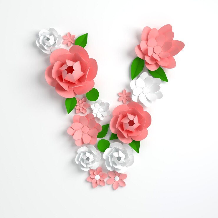 Foto letra do alfabeto de flor de papel v 3d render flores de cor pastel no estilo de origami de arte de papel moderno