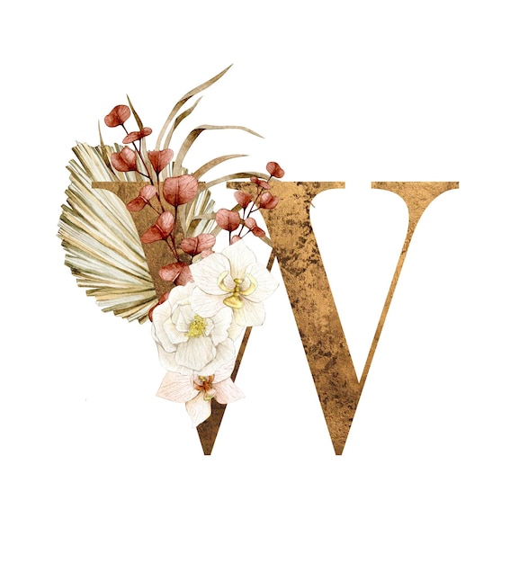 Letra do alfabeto floral W com composição de buquê de flores boho e delicada textura de ouro