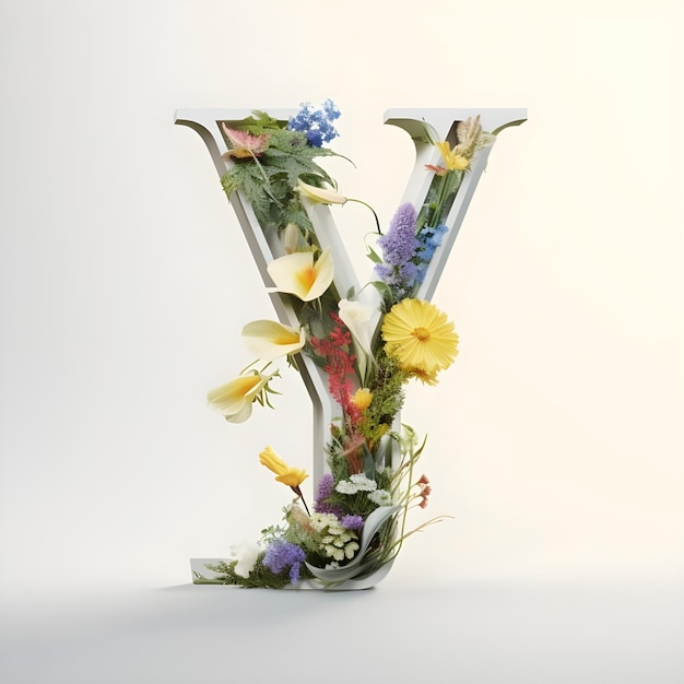 Letra do alfabeto Y decorada com flores em fundo preto renderização 3D