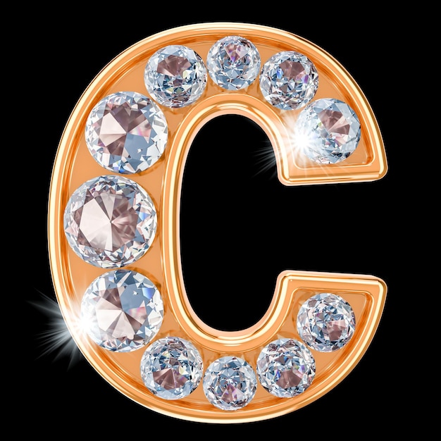 Letra dourada C com renderização em 3D de diamantes