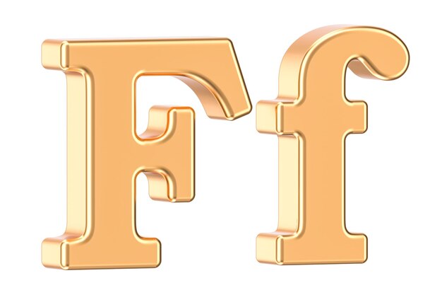 Letra dourada inglesa F com renderização em 3D serifas