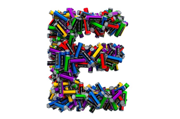 Foto letra e de renderização 3d de pilhas aa coloridas