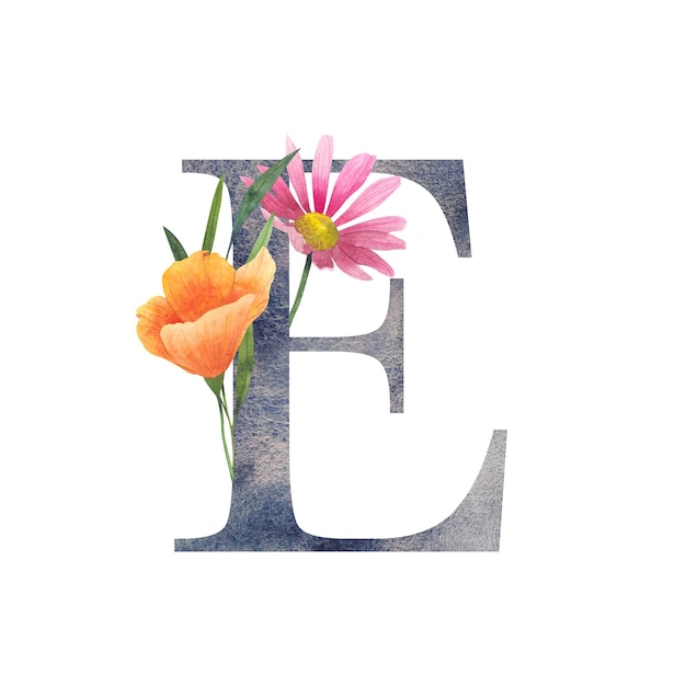 Letra E con flores silvestres de acuarela Alfabeto floral conjunto letras aisladas con iniciales de monograma de ramo botánico perfectamente para invitación de boda tarjeta de felicitación de cumpleaños y otro diseño