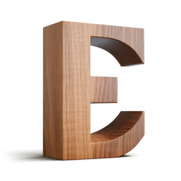 Letra E hecha de madera 3d sobre un fondo blanco