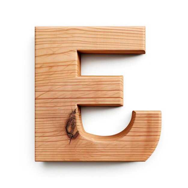 Letra E hecha de madera 3d sobre un fondo blanco