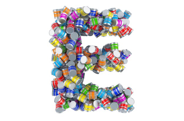Letra E de latas de pintura de colores 3D rendering