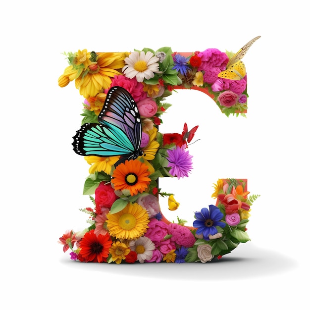 Foto la letra e mayúscula está hecha de flores y mariposas flores envueltas letra floral letra