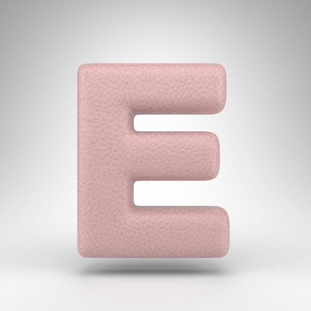 Letra E mayúscula sobre fondo blanco. Fuente renderizada 3D de cuero rosa con textura de piel.