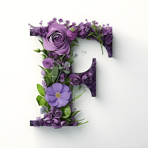 Letra F do alfabeto decorada com flores em fundo preto renderização 3D