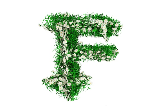 Letra F de hierba verde y flores. Representación 3D.