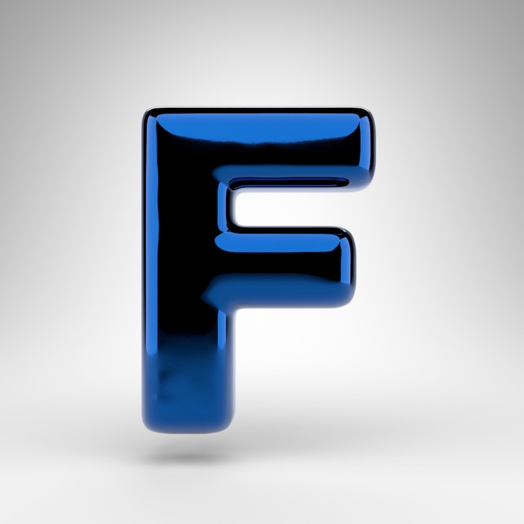 Foto letra f mayúscula sobre fondo blanco. fuente renderizada 3d de cromo azul con superficie brillante.