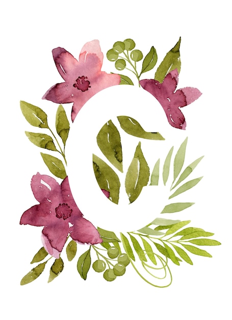 Letra floral c monograma rosa aquarela flores folhas verdes e bagas letras florais