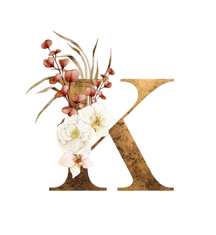 Foto letra floral k do alfabeto com composição de buquê de flores boho e delicada textura de ouro