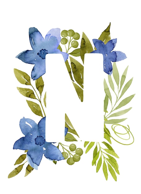Letra floral N monograma azul aquarela flores folhas verdes e bagas letras florais